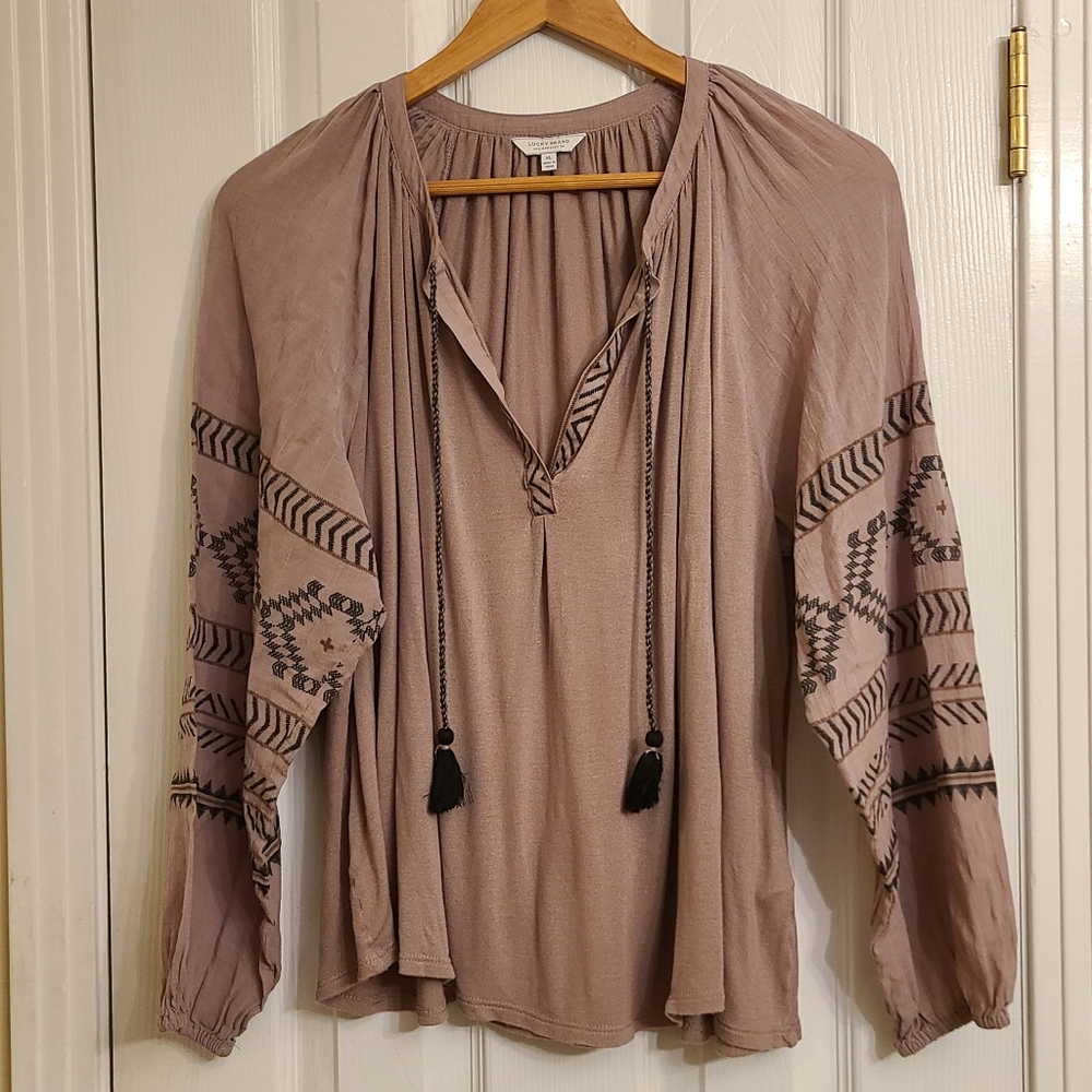Lucky Brand Long Sleeve V-Neck Tassel, Boho Peasant Flowy Crop Top, Size XL - Picture 1 of 9